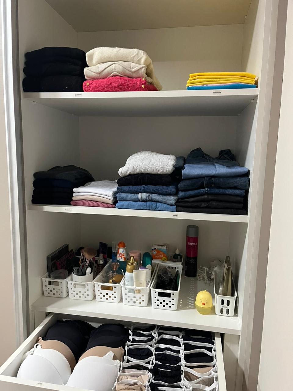 Prateleiras organizadas com roupas dobradas e cestos